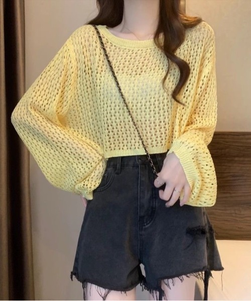 Beststore（ベストストア）の「かぎ針風 メッシュニット トップス シースルー ショート丈 ボリューム袖 透け感 クルーネック（ニット/セーター・レディース・ホワイト/ブルー/イエロー/ブラック/ピンク/アイボリー・FREE）」の14枚目の写真