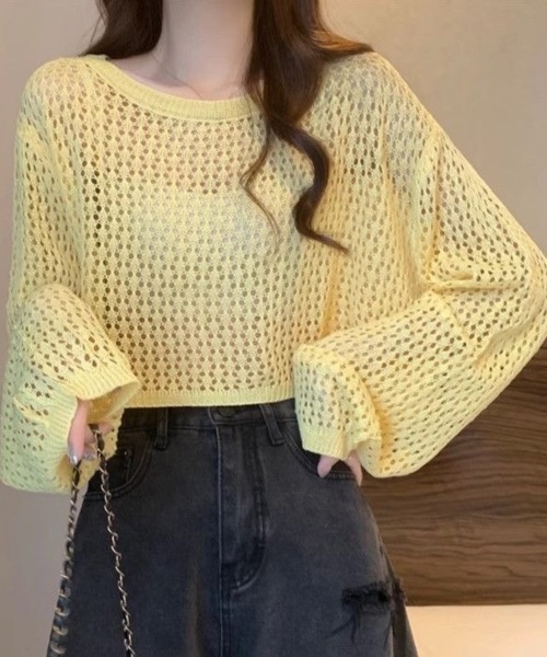 Beststore（ベストストア）の「かぎ針風 メッシュニット トップス シースルー ショート丈 ボリューム袖 透け感 クルーネック（ニット/セーター・レディース・ホワイト/ブルー/イエロー/ブラック/ピンク/アイボリー・FREE）」の15枚目の写真