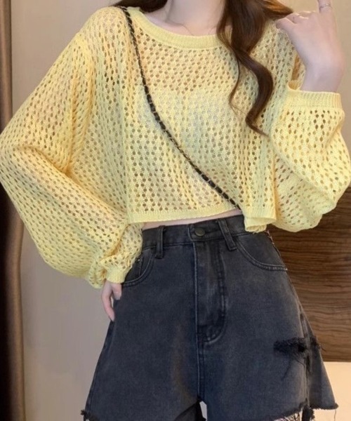 Beststore（ベストストア）の「かぎ針風 メッシュニット トップス シースルー ショート丈 ボリューム袖 透け感 クルーネック（ニット/セーター・レディース・ホワイト/ブルー/イエロー/ブラック/ピンク/アイボリー・FREE）」の16枚目の写真