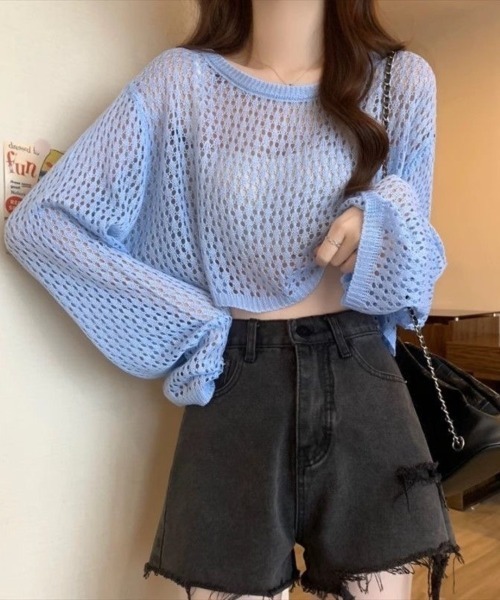 Beststore（ベストストア）の「かぎ針風 メッシュニット トップス シースルー ショート丈 ボリューム袖 透け感 クルーネック（ニット/セーター・レディース・ホワイト/ブルー/イエロー/ブラック/ピンク/アイボリー・FREE）」の17枚目の写真