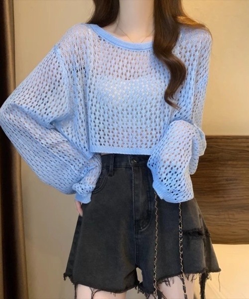 Beststore（ベストストア）の「かぎ針風 メッシュニット トップス シースルー ショート丈 ボリューム袖 透け感 クルーネック（ニット/セーター・レディース・ホワイト/ブルー/イエロー/ブラック/ピンク/アイボリー・FREE）」の18枚目の写真