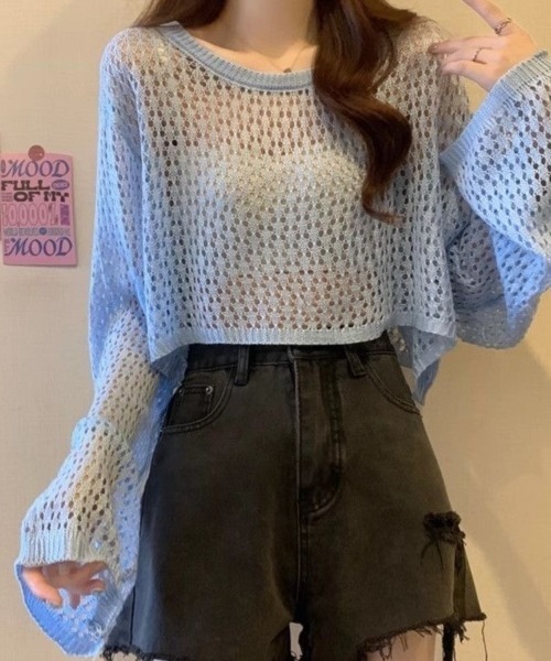 Beststore（ベストストア）の「かぎ針風 メッシュニット トップス シースルー ショート丈 ボリューム袖 透け感 クルーネック（ニット/セーター・レディース・ホワイト/ブルー/イエロー/ブラック/ピンク/アイボリー・FREE）」の19枚目の写真