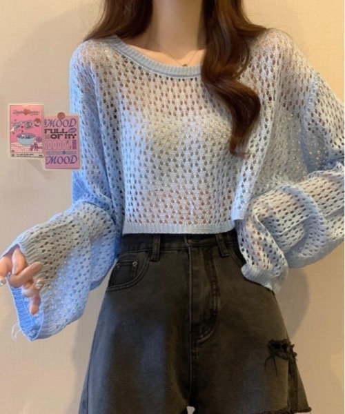 Beststore（ベストストア）の「かぎ針風 メッシュニット トップス シースルー ショート丈 ボリューム袖 透け感 クルーネック（ニット/セーター・レディース・ホワイト/ブルー/イエロー/ブラック/ピンク/アイボリー・FREE）」の20枚目の写真