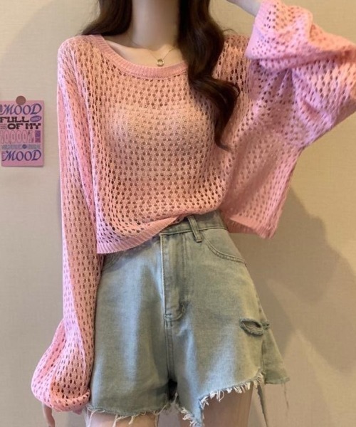 Beststore（ベストストア）の「かぎ針風 メッシュニット トップス シースルー ショート丈 ボリューム袖 透け感 クルーネック（ニット/セーター・レディース・ホワイト/ブルー/イエロー/ブラック/ピンク/アイボリー・FREE）」の21枚目の写真