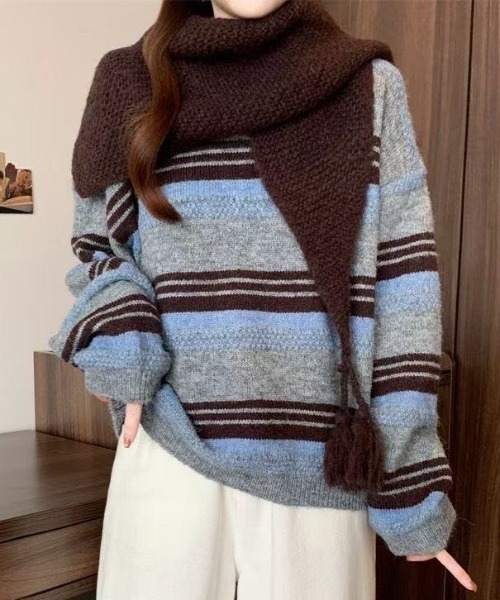 AVYL(アヴィル)の「【マフラー付き/セット】マルチボーダー起毛シャギーオーバーサイズニット(ニット/セーター・レディース・ブルー・M)」の3枚目の写真