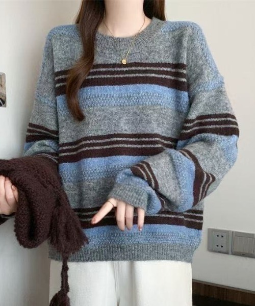 AVYL(アヴィル)の「【マフラー付き/セット】マルチボーダー起毛シャギーオーバーサイズニット(ニット/セーター・レディース・ブルー・M)」の6枚目の写真