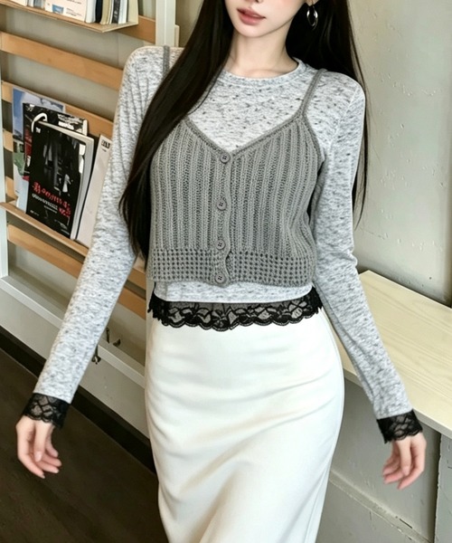 BLoomMe（ブルームミー）の「リブニットキャミソール×レースインナーセット（セットアップ・レディース・ネイビー/ブラック/ライトグレー/ブラウン・M）」の3枚目の写真