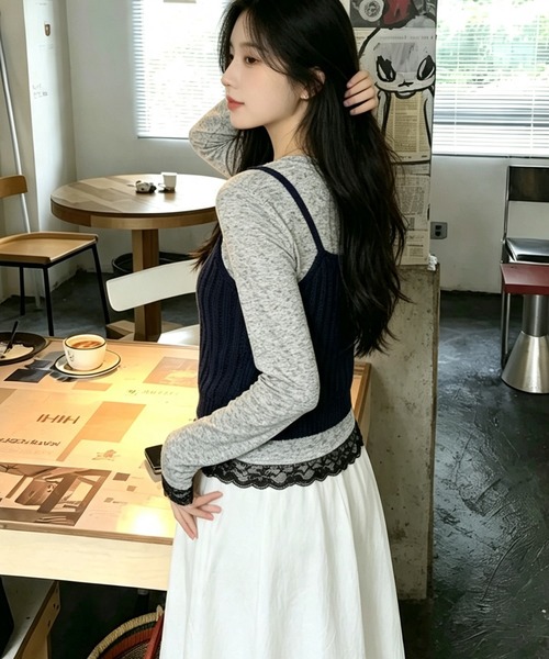 BLoomMe（ブルームミー）の「リブニットキャミソール×レースインナーセット（セットアップ・レディース・ネイビー/ブラック/ライトグレー/ブラウン・M）」の22枚目の写真