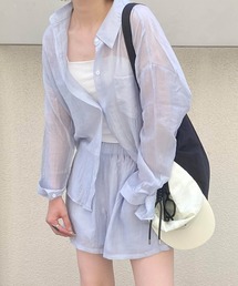 ISOOK | シアーシャツセットアップ(kiharu select) / ワッシャー 長袖 ショートパンツ 上下セット 日焼け対策 冷房対策(セットアップ)
