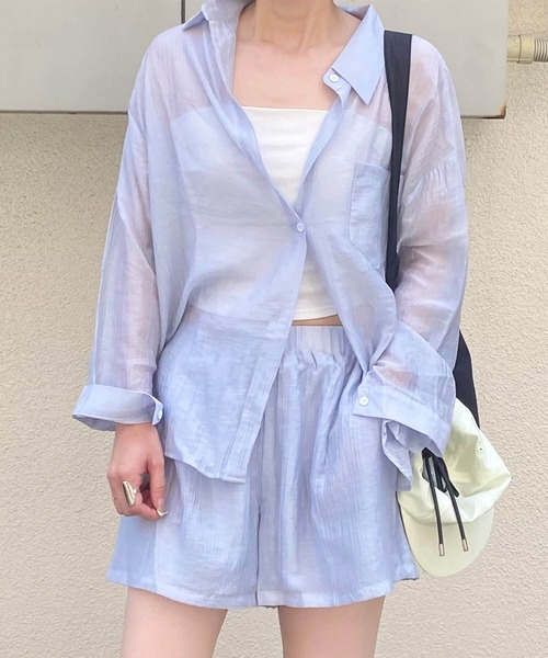 ISOOK（アイスー）の「シアーシャツセットアップ(kiharu select) / ワッシャー 長袖 ショートパンツ 上下セット 日焼け対策 冷房対策（セットアップ・レディース・ブラック/ライトブルー・FREE）」の3枚目の写真