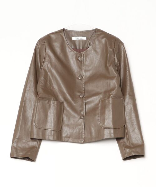 YUGA(ユーガ)の「YUGA_YGMC Korean-style Faux leather cropped jacket(ノーカラージャケット・レディース・ブラウン/ブラック・FREE)」の8枚目の写真