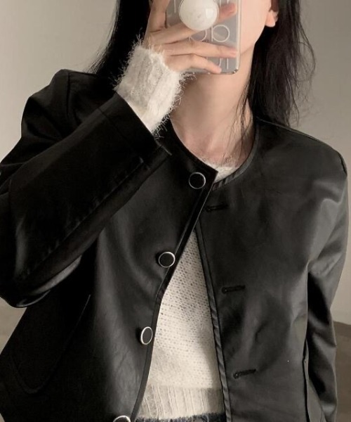 YUGA(ユーガ)の「YUGA_YGMC Korean-style Faux leather cropped jacket(ノーカラージャケット・レディース・ブラウン/ブラック・FREE)」の21枚目の写真