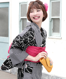 bonheur saisons | 浴衣3点セット 格子に向日葵の花柄 （浴衣＋帯＋下駄）「bonheur saisons/ボヌールセゾン」(浴衣)