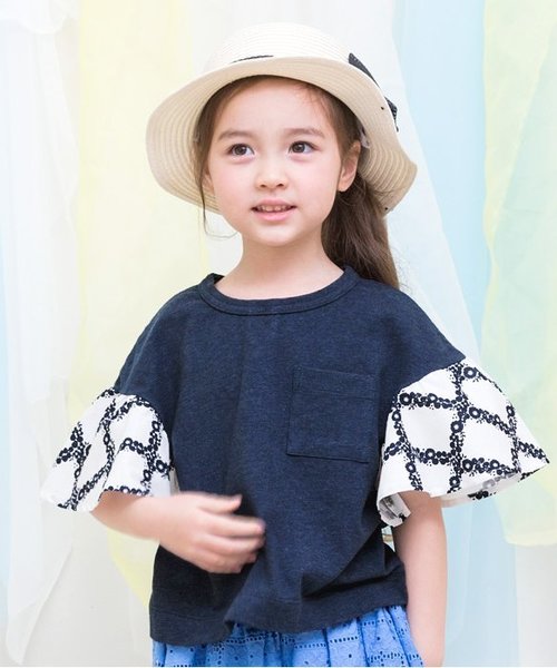 apres les cours（アプレレクール）の「フラワーチェック袖切替Ｔシャツ（Tシャツ/カットソー・キッズ・マスタード/ネイビー/オフホワイト・130/110/90/140/80/100/120）」の2枚目の写真