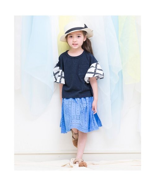 apres les cours（アプレレクール）の「フラワーチェック袖切替Ｔシャツ（Tシャツ/カットソー・キッズ・マスタード/ネイビー/オフホワイト・130/110/90/140/80/100/120）」の13枚目の写真