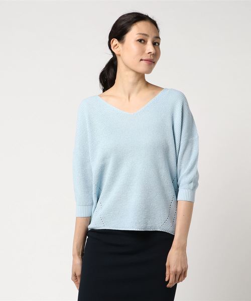 AZUL by moussy（アズールバイマウジー）の「ワッフル編み7分袖Vネックニットプルオーバー（ニット/セーター・レディース・オフホワイト/ライトブルー/イエロー・MEDIUM/SMALL）」の3枚目の写真