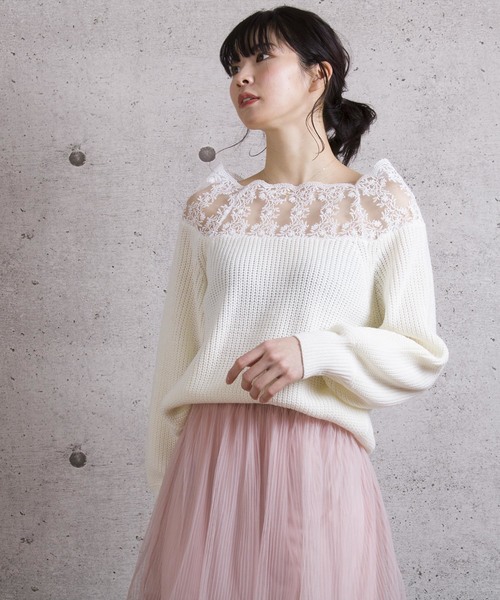LUGG NAGG(ラグナグ)の「【Jewelobe/ ジュエローブ】 レース切替ニットトップス(ニット/セーター・レディース・ブラック/オフホワイト/ピンク/ブルー・FREE)」の3枚目の写真