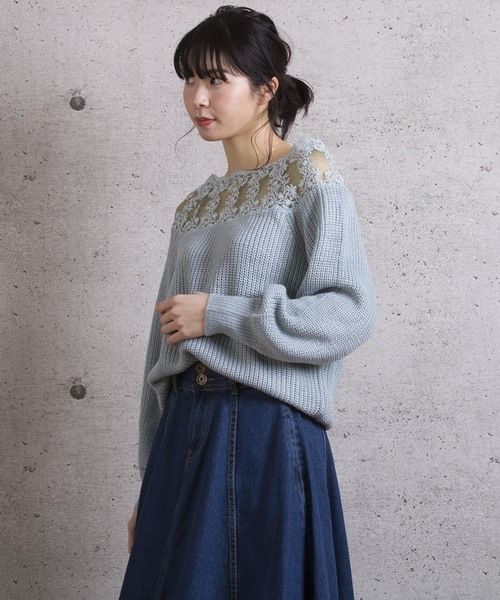 LUGG NAGG(ラグナグ)の「【Jewelobe/ ジュエローブ】 レース切替ニットトップス(ニット/セーター・レディース・ブラック/オフホワイト/ピンク/ブルー・FREE)」の2枚目の写真