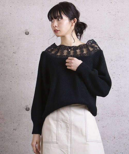 LUGG NAGG(ラグナグ)の「【Jewelobe/ ジュエローブ】 レース切替ニットトップス(ニット/セーター・レディース・ブラック/オフホワイト/ピンク/ブルー・FREE)」の1枚目の写真