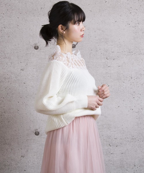 LUGG NAGG(ラグナグ)の「【Jewelobe/ ジュエローブ】 レース切替ニットトップス(ニット/セーター・レディース・ブラック/オフホワイト/ピンク/ブルー・FREE)」の8枚目の写真