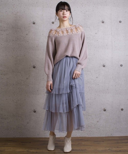 LUGG NAGG(ラグナグ)の「【Jewelobe/ ジュエローブ】 レース切替ニットトップス(ニット/セーター・レディース・ブラック/オフホワイト/ピンク/ブルー・FREE)」の12枚目の写真