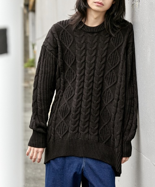 BASQUE magenta(バスクマゼンタ)の「【BASQUE -enthusiastic design-】ビッグシルエット アラン編み クルーネック ケーブルニットセーター(ニット/セーター)」|ブラック