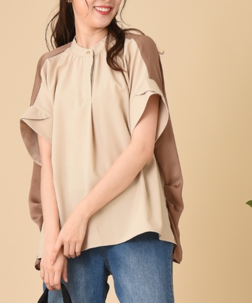 INTERPLANET（インタープラネット）の「麻調合繊前後異素材切替シャツ（シャツ/ブラウス・レディース・ベージュ/ネイビー/サックスブルー・FREE）」の2枚目の写真