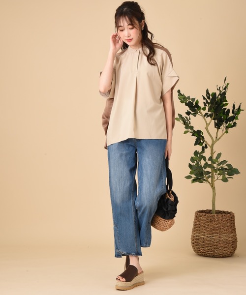 INTERPLANET（インタープラネット）の「麻調合繊前後異素材切替シャツ（シャツ/ブラウス・レディース・ベージュ/ネイビー/サックスブルー・FREE）」の10枚目の写真