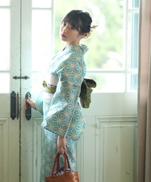 utatane（ウタタネ）の「浴衣3点セット　綿麻　レトロミントの麻の葉（浴衣）」