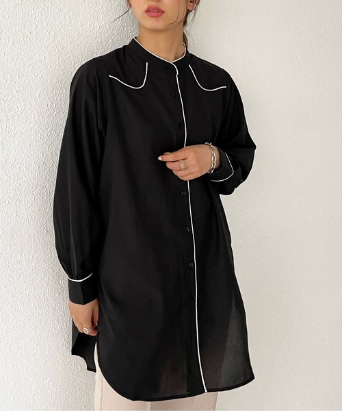 Shelly island(シェリーアイランド)の「シアーパイピングシャツ(シャツ/ブラウス・レディース・パープル/ベージュ/ブラック・FREE)」の6枚目の写真