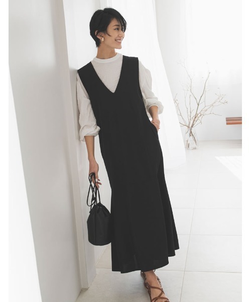 Re:EDIT（リエディ）の「[低身長サイズ有][イージーケア]リブポンチロー切替えジャンパースカート（ジャンパースカート・レディース・モカ/ブラック/ブルー/アイボリー・MEDIUM/LARGE/SHORT）」の18枚目の写真