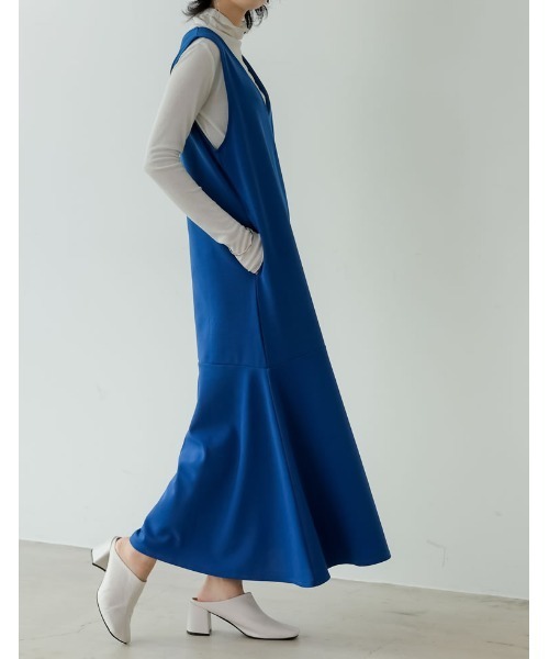 Re:EDIT（リエディ）の「[低身長サイズ有][イージーケア]リブポンチロー切替えジャンパースカート（ジャンパースカート・レディース・モカ/ブラック/ブルー/アイボリー・MEDIUM/LARGE/SHORT）」の8枚目の写真