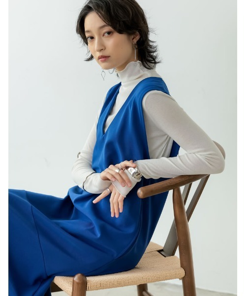 Re:EDIT（リエディ）の「[低身長サイズ有][イージーケア]リブポンチロー切替えジャンパースカート（ジャンパースカート・レディース・モカ/ブラック/ブルー/アイボリー・MEDIUM/LARGE/SHORT）」の14枚目の写真