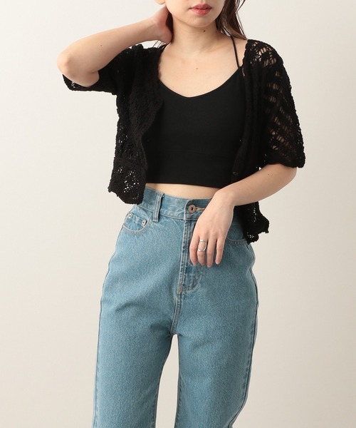 新品 クロシェ 【2】レレレさん シアーカーディガン ブラック 半袖 スリット クロシェ編み L/S メッシュニット シアー カーディガン