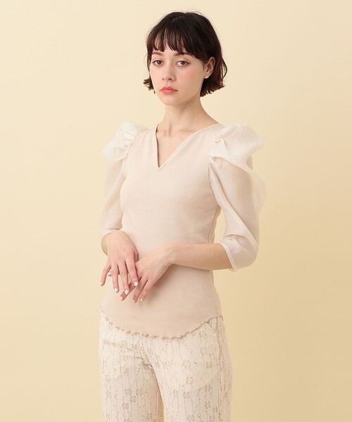 ME COUTURE（ミークチュール）の「コンビパフスリーブカットソー（Tシャツ/カットソー・レディース・ライトグリーン/アイボリー・FREE）」の9枚目の写真