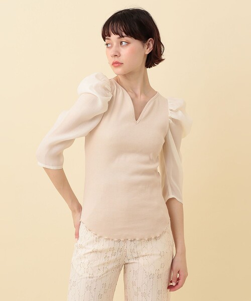 ME COUTURE（ミークチュール）の「コンビパフスリーブカットソー（Tシャツ/カットソー・レディース・ライトグリーン/アイボリー・FREE）」の8枚目の写真