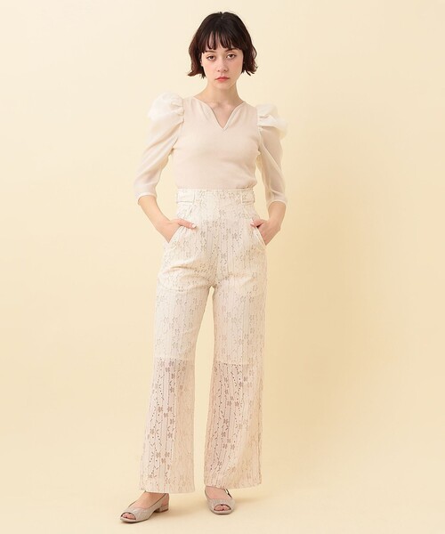 ME COUTURE（ミークチュール）の「コンビパフスリーブカットソー（Tシャツ/カットソー・レディース・ライトグリーン/アイボリー・FREE）」の6枚目の写真