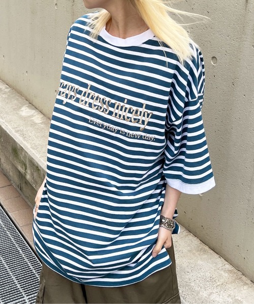 PairPair(ペアペア)の「ボーダーロゴ刺繍TEE(ユニセックス)(Tシャツ/カットソー・メンズ・レッド/ブルーグリーン・フリー)」の1枚目の写真