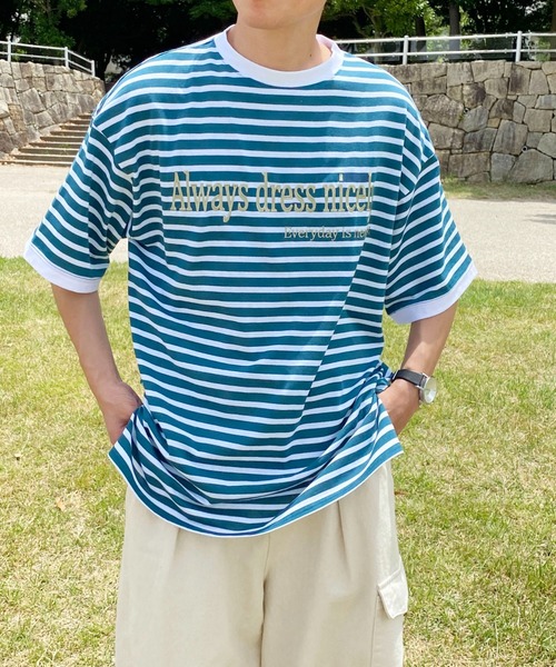 PairPair(ペアペア)の「ボーダーロゴ刺繍TEE(ユニセックス)(Tシャツ/カットソー・メンズ・レッド/ブルーグリーン・フリー)」の4枚目の写真