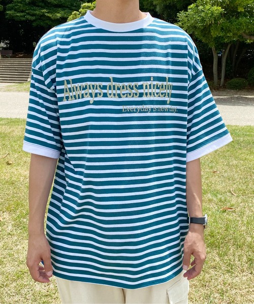 PairPair(ペアペア)の「ボーダーロゴ刺繍TEE(ユニセックス)(Tシャツ/カットソー・メンズ・レッド/ブルーグリーン・フリー)」の7枚目の写真