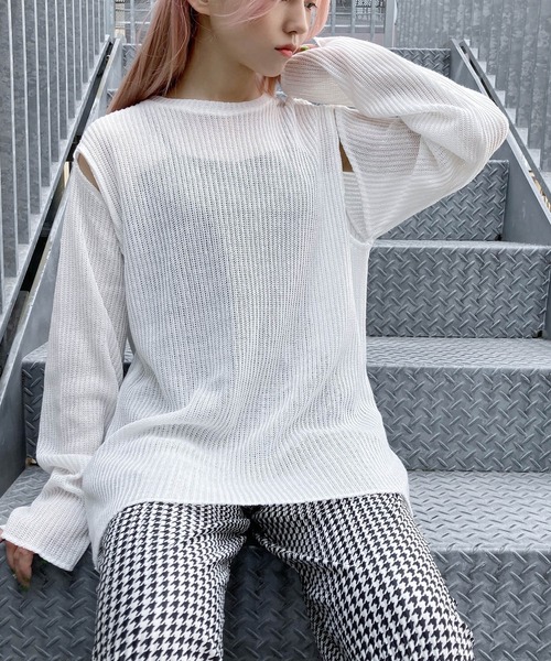 Figments（フィグメンツ）の「カットアウトメッシュトップス（ニット/セーター・レディース・ブラック/ホワイト・FREE）」の8枚目の写真