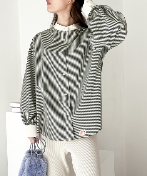 Java（ジャバ）の「《JaVa ジャバコラボ》ストライプ最強説。レトロストライプ柄クレリックシャツ（シャツ/ブラウス・レディース・ブルー系その他3/グレー系その他2/ブルー系その他2/オレンジ系その他/ピンク系その他/イエロー系その他/グリーン系その他/ブルー系その他/グレー系その他/ブラック系その他/ブラック×グレー・SMALL/MEDIUM/LARGE/X-LARGE）」の15枚目の写真