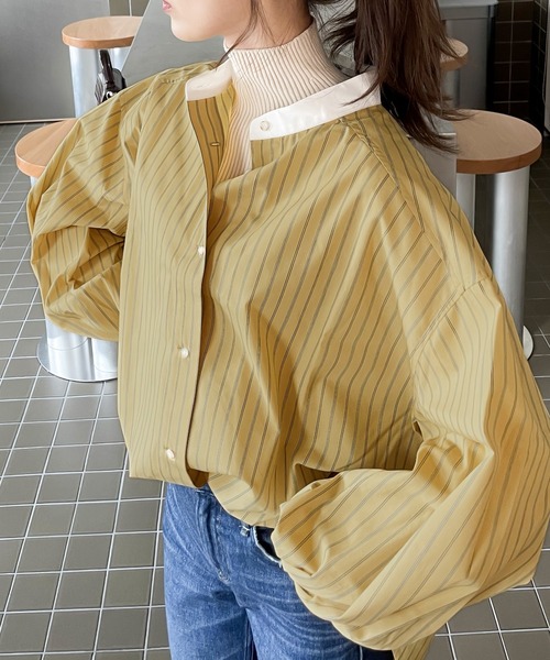 Java（ジャバ）の「《JaVa ジャバコラボ》ストライプ最強説。レトロストライプ柄クレリックシャツ（シャツ/ブラウス・レディース・ブルー系その他3/グレー系その他2/ブルー系その他2/オレンジ系その他/ピンク系その他/イエロー系その他/グリーン系その他/ブルー系その他/グレー系その他/ブラック系その他/ブラック×グレー・SMALL/MEDIUM/LARGE/X-LARGE）」の18枚目の写真