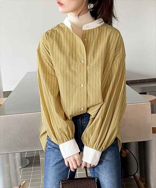 Java（ジャバ）の「《JaVa ジャバコラボ》ストライプ最強説。レトロストライプ柄クレリックシャツ（シャツ/ブラウス・レディース・ブルー系その他3/グレー系その他2/ブルー系その他2/オレンジ系その他/ピンク系その他/イエロー系その他/グリーン系その他/ブルー系その他/グレー系その他/ブラック系その他/ブラック×グレー・SMALL/MEDIUM/LARGE/X-LARGE）」の16枚目の写真