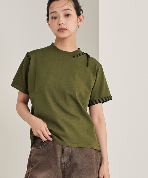 miette（ミエット）の「配色ステッチ半袖トップス（Tシャツ/カットソー・レディース・ネイビー/ベージュ/レッド/ブラック/オフホワイト/カーキ/ライトブルー・FREE）」の5枚目の写真