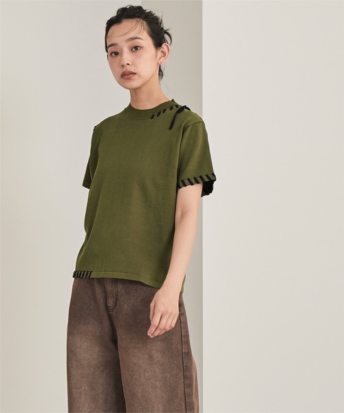 miette（ミエット）の「配色ステッチ半袖トップス（Tシャツ/カットソー・レディース・ネイビー/ベージュ/レッド/ブラック/オフホワイト/カーキ/ライトブルー・FREE）」の16枚目の写真