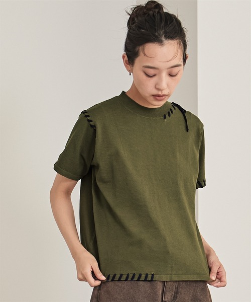 miette（ミエット）の「配色ステッチ半袖トップス（Tシャツ/カットソー・レディース・ネイビー/ベージュ/レッド/ブラック/オフホワイト/カーキ/ライトブルー・FREE）」の17枚目の写真