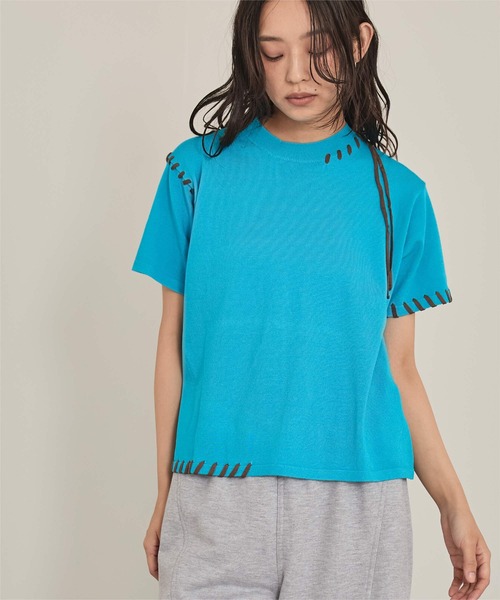 miette（ミエット）の「配色ステッチ半袖トップス（Tシャツ/カットソー・レディース・ネイビー/ベージュ/レッド/ブラック/オフホワイト/カーキ/ライトブルー・FREE）」の19枚目の写真