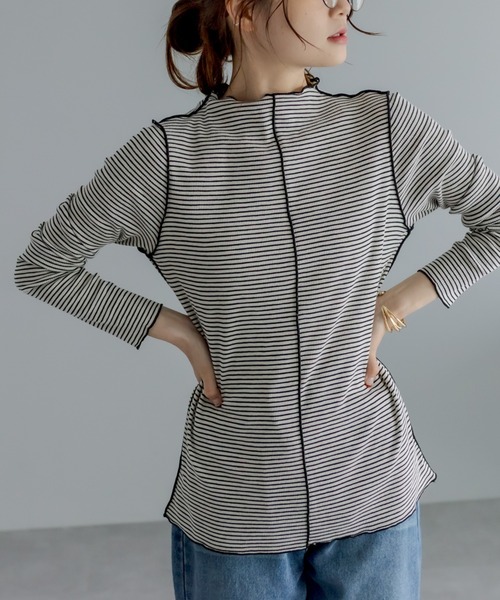 PUAL CE CIN(ピュアルセシン)の「プチハイネック テレコ染め分けボーダーアソートロンT(Tシャツ/カットソー・レディース・オフホワイト/ブラック系その他/ナチュラル/ベージュ系その他・FREE)」の3枚目の写真
