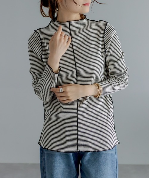 PUAL CE CIN(ピュアルセシン)の「プチハイネック テレコ染め分けボーダーアソートロンT(Tシャツ/カットソー・レディース・オフホワイト/ブラック系その他/ナチュラル/ベージュ系その他・FREE)」の15枚目の写真